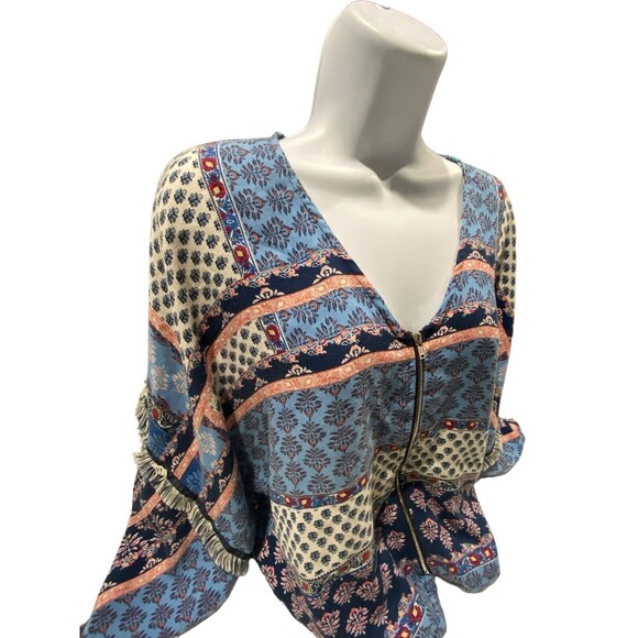 Signature Eight Womens Zip Up Tassel Boho Hippie Blouse Sz Small Lined - Picture 1 of 10